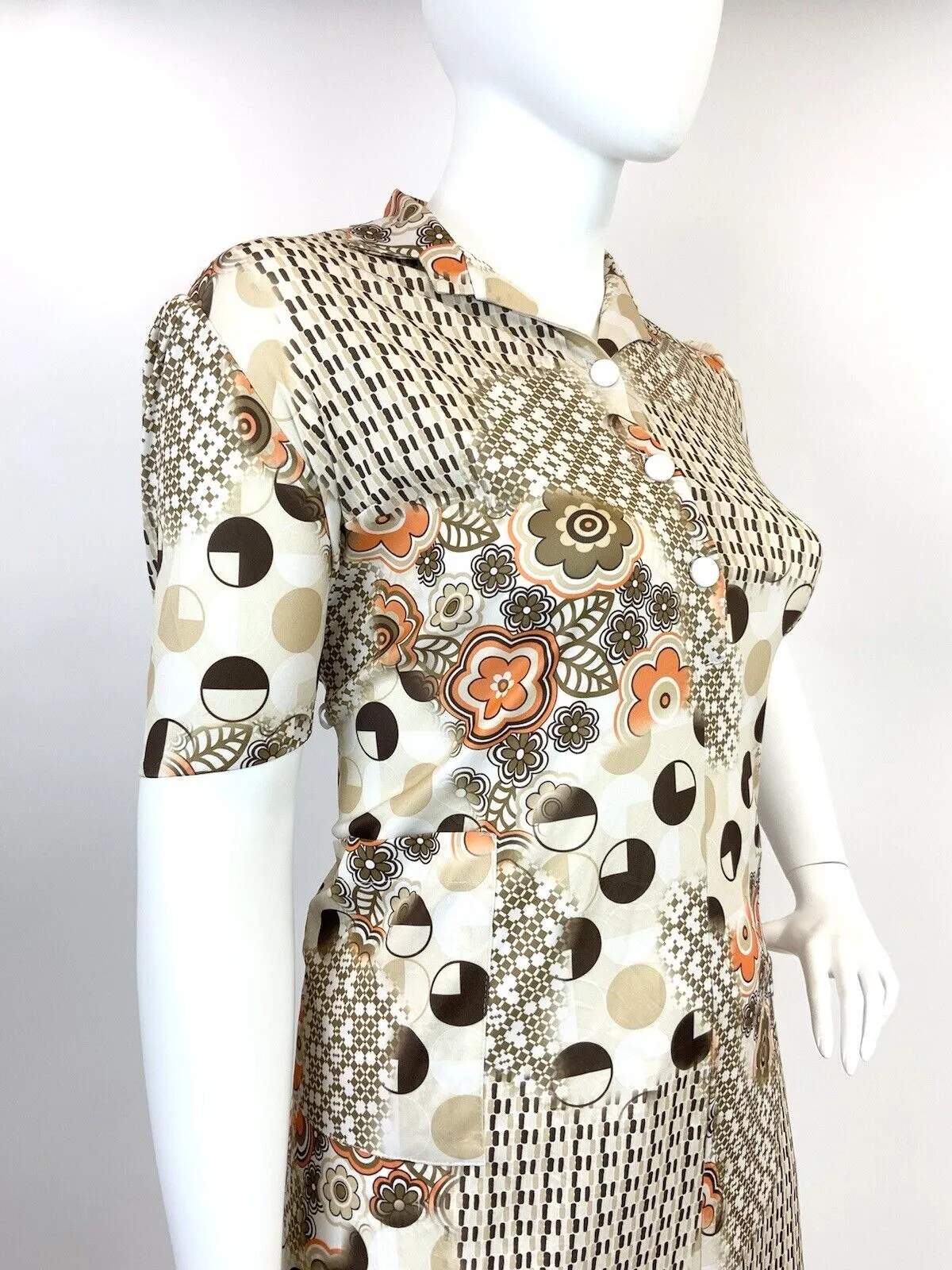 VTG 60s 70s CREAM BROWN ORANGE FLORAL GEOMETRIC PSYCHEDELIC SHIRT DRESS 18
