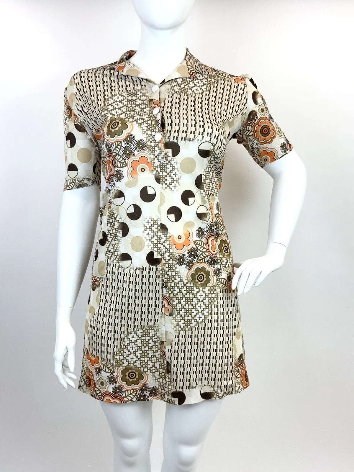 VTG 60s 70s CREAM BROWN ORANGE FLORAL GEOMETRIC PSYCHEDELIC SHIRT DRESS 18