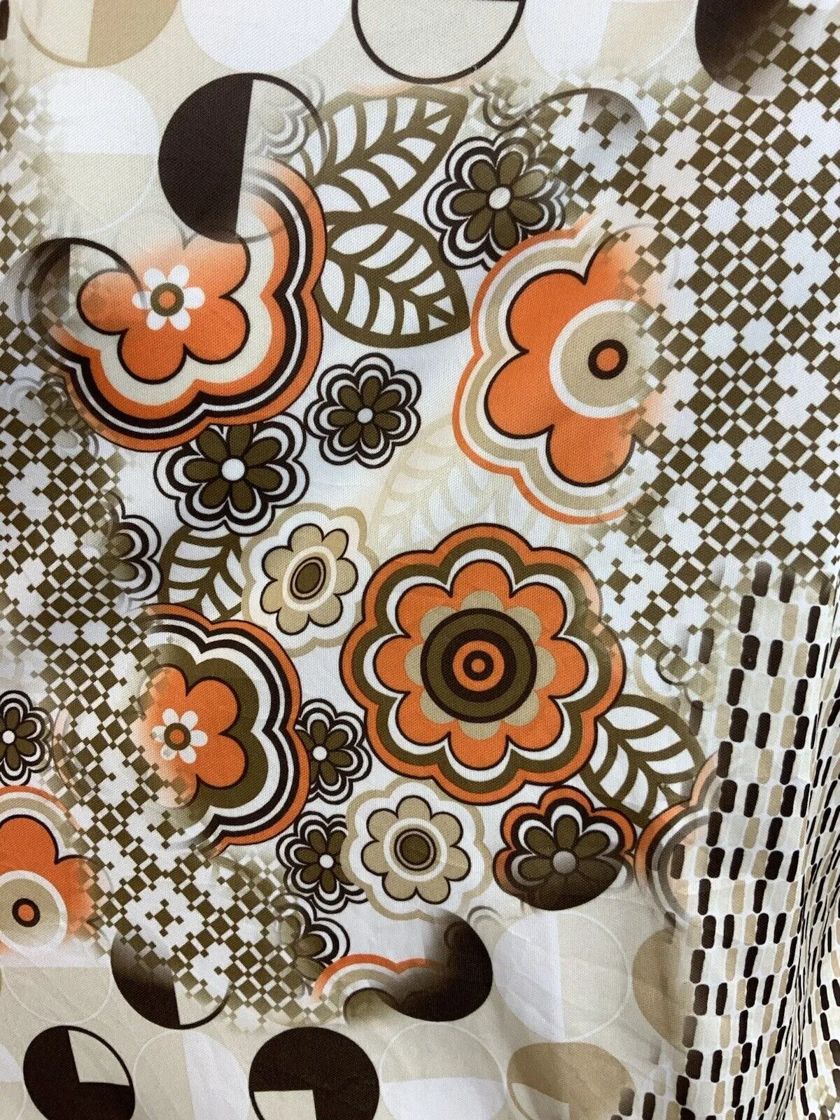 VTG 60s 70s CREAM BROWN ORANGE FLORAL GEOMETRIC PSYCHEDELIC SHIRT DRESS 18