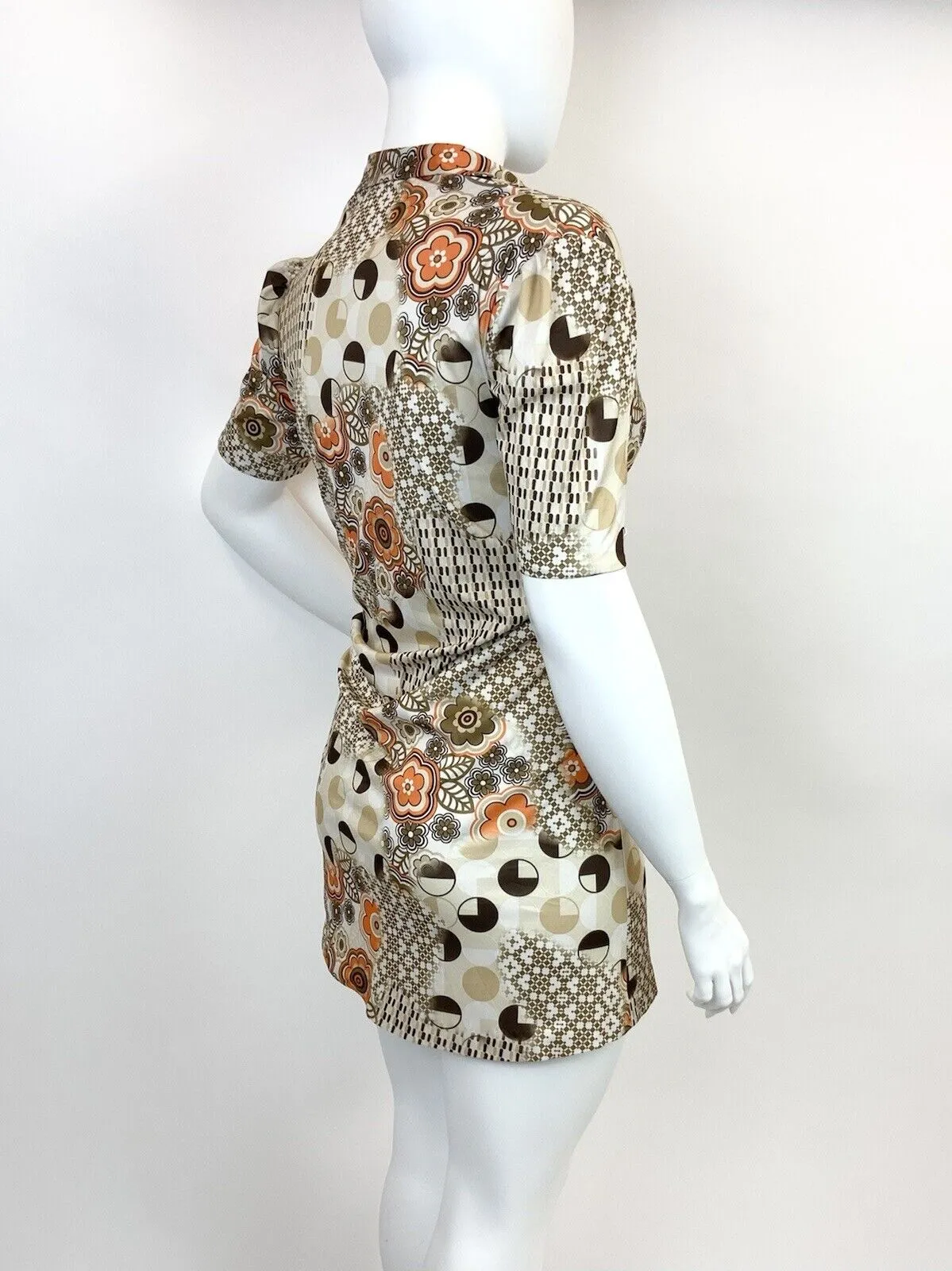 VTG 60s 70s CREAM BROWN ORANGE FLORAL GEOMETRIC PSYCHEDELIC SHIRT DRESS 18