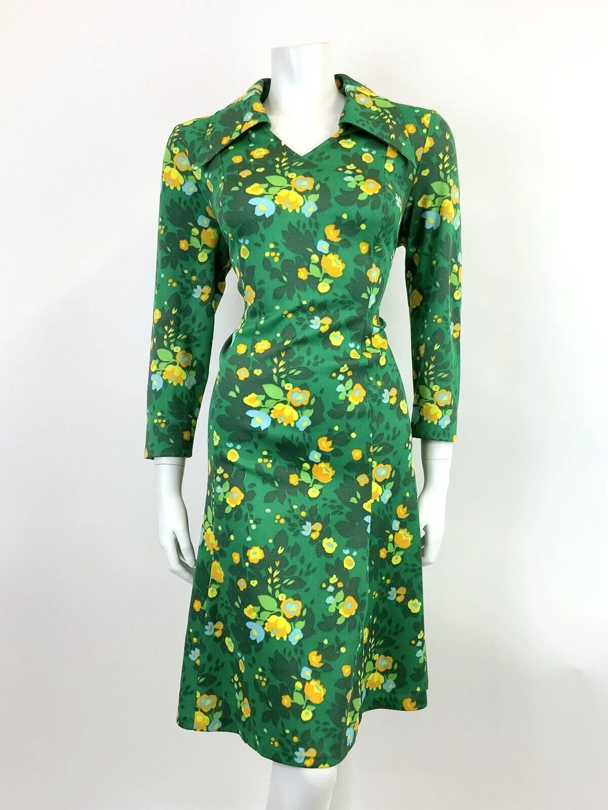 VTG 60s 70s GREEN YELLOW ORANGE FLORAL LEAFY PSYCHE DAGGER SHIRT DRESS 16 18