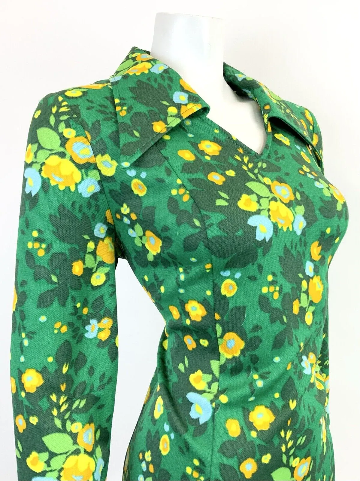 VTG 60s 70s GREEN YELLOW ORANGE FLORAL LEAFY PSYCHE DAGGER SHIRT DRESS 16 18