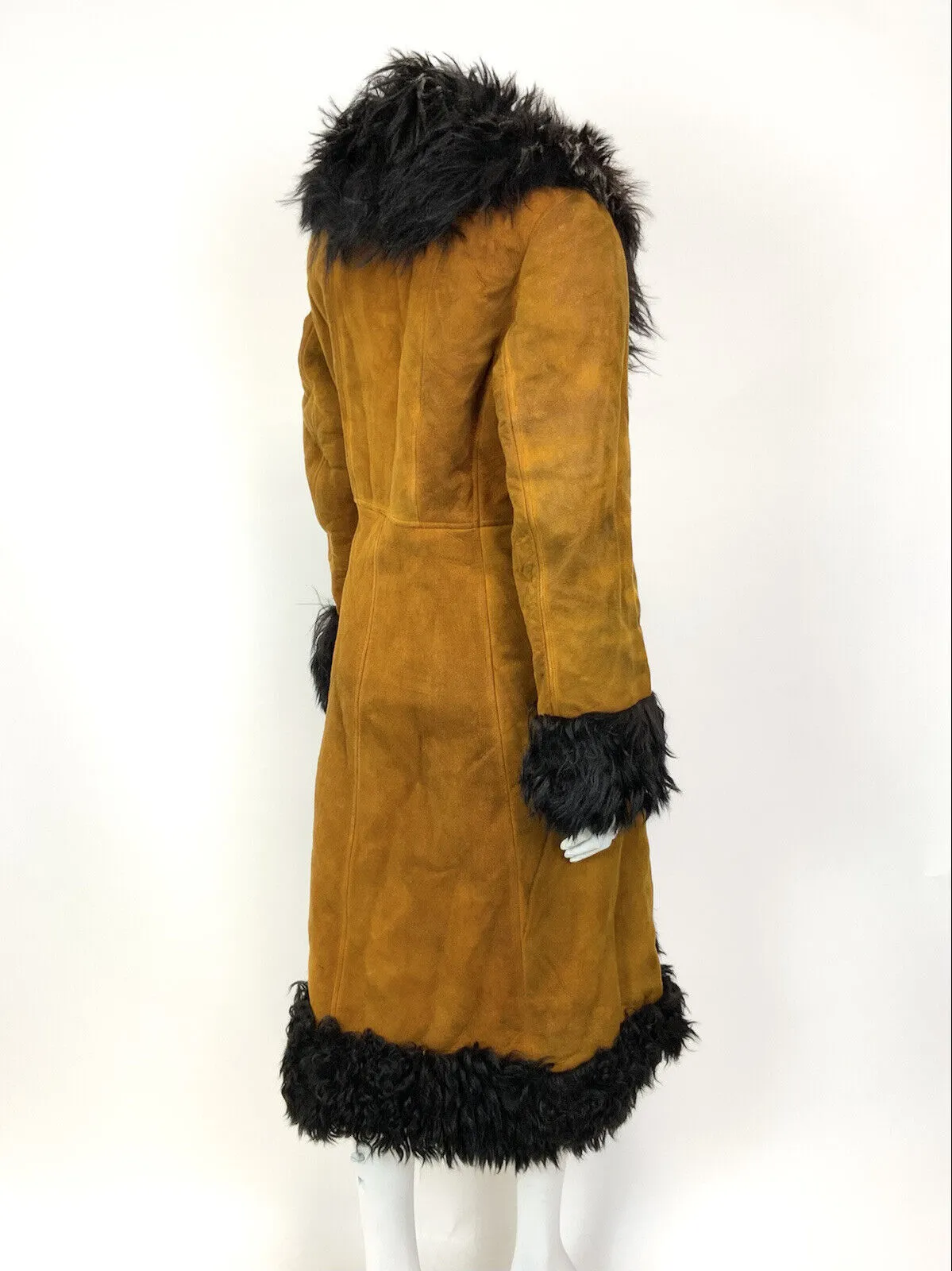 VTG 60s 70s ORANGE BLACK SUEDE LEATHER SHEARLING PENNY LANE MOD BOHO COAT 14 16