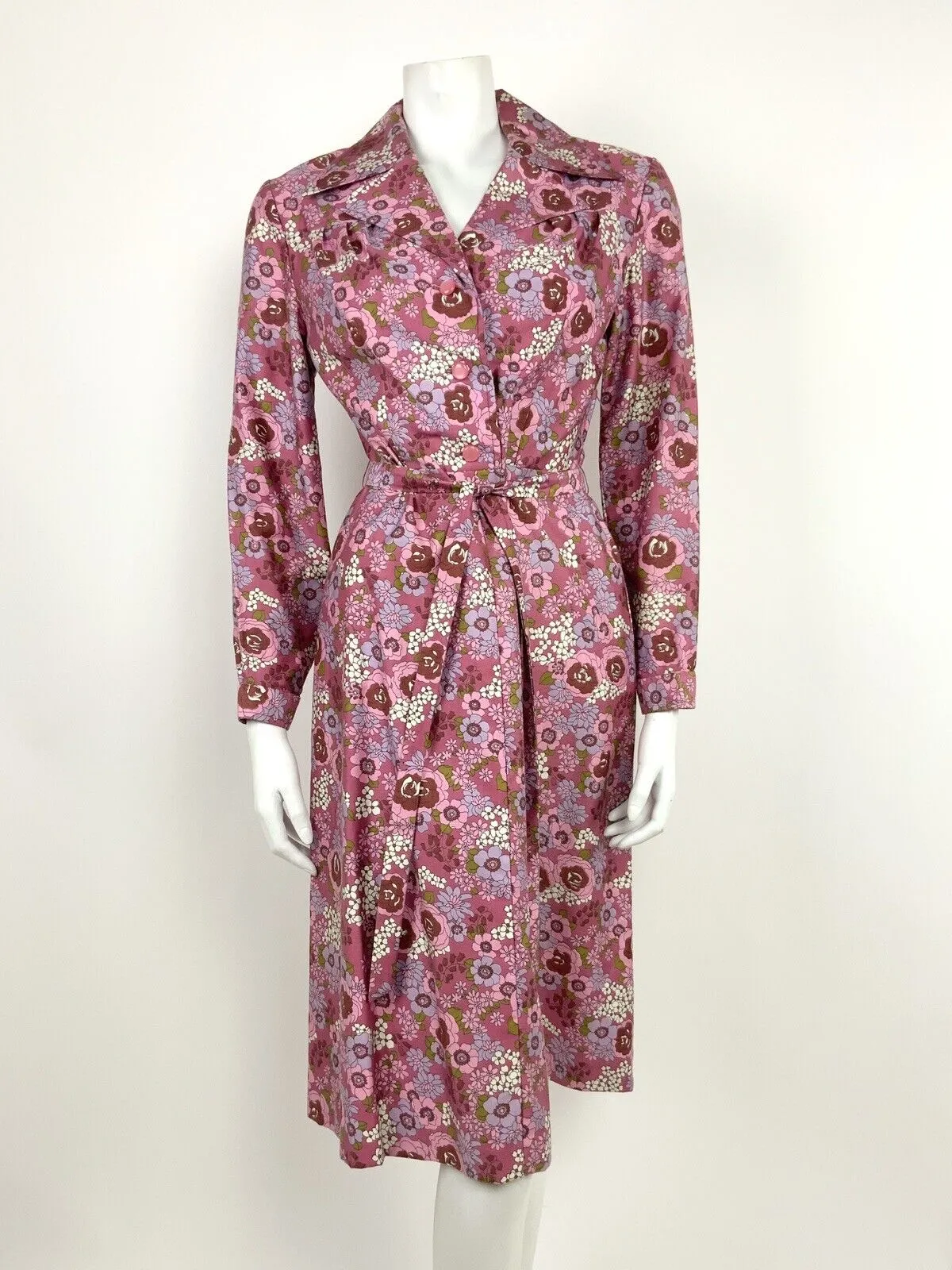 VTG 60s 70s PINK PURPLE GREEN WHITE FLORAL ROSE PSYCHEDELIC SHIRT DRESS 10 12