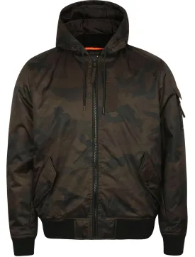 Whitman Camo Print Bomber Jacket with Hood in Khaki - Dissident