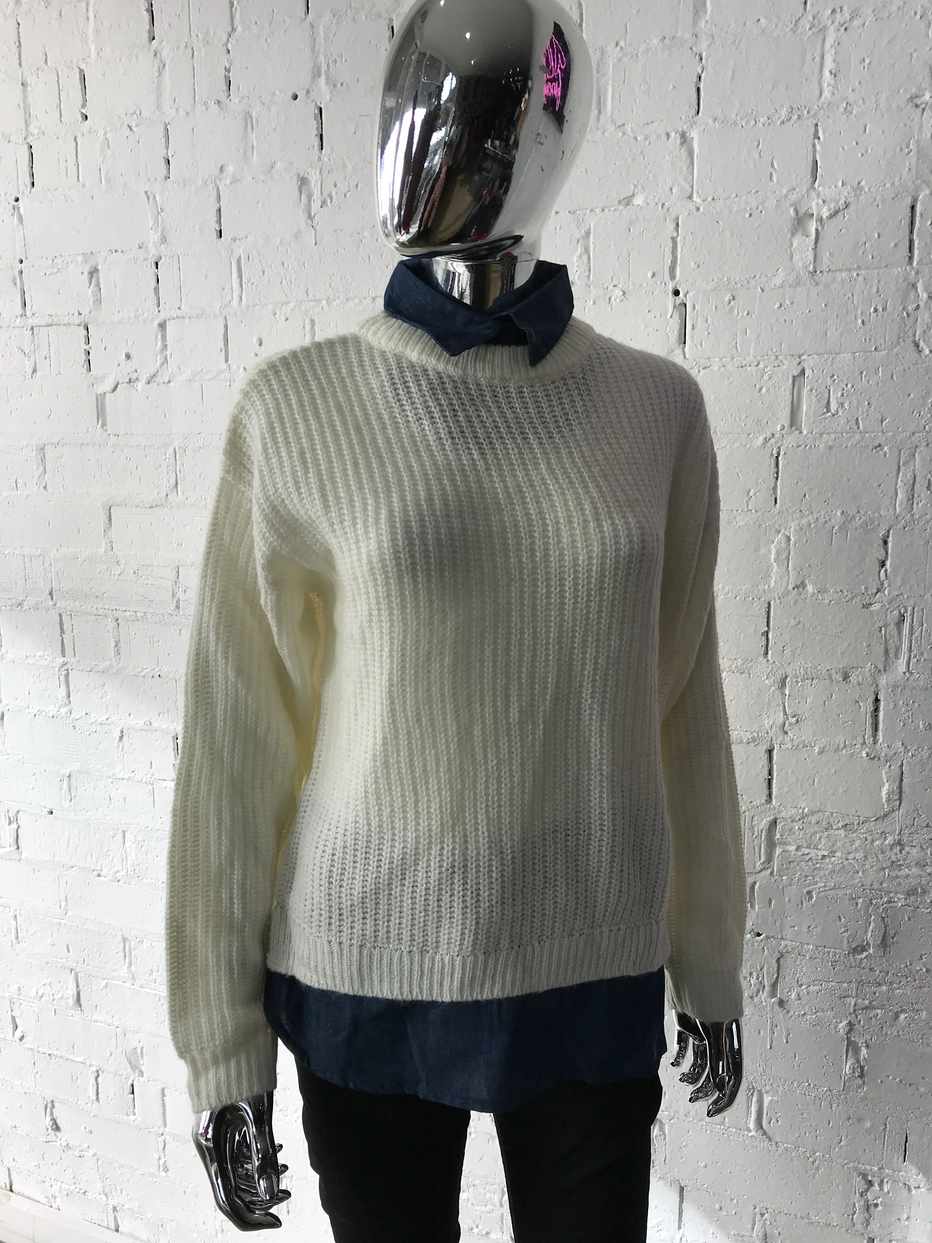 Womens Jumper • Cream Knit with Denim Collar and Hem • M