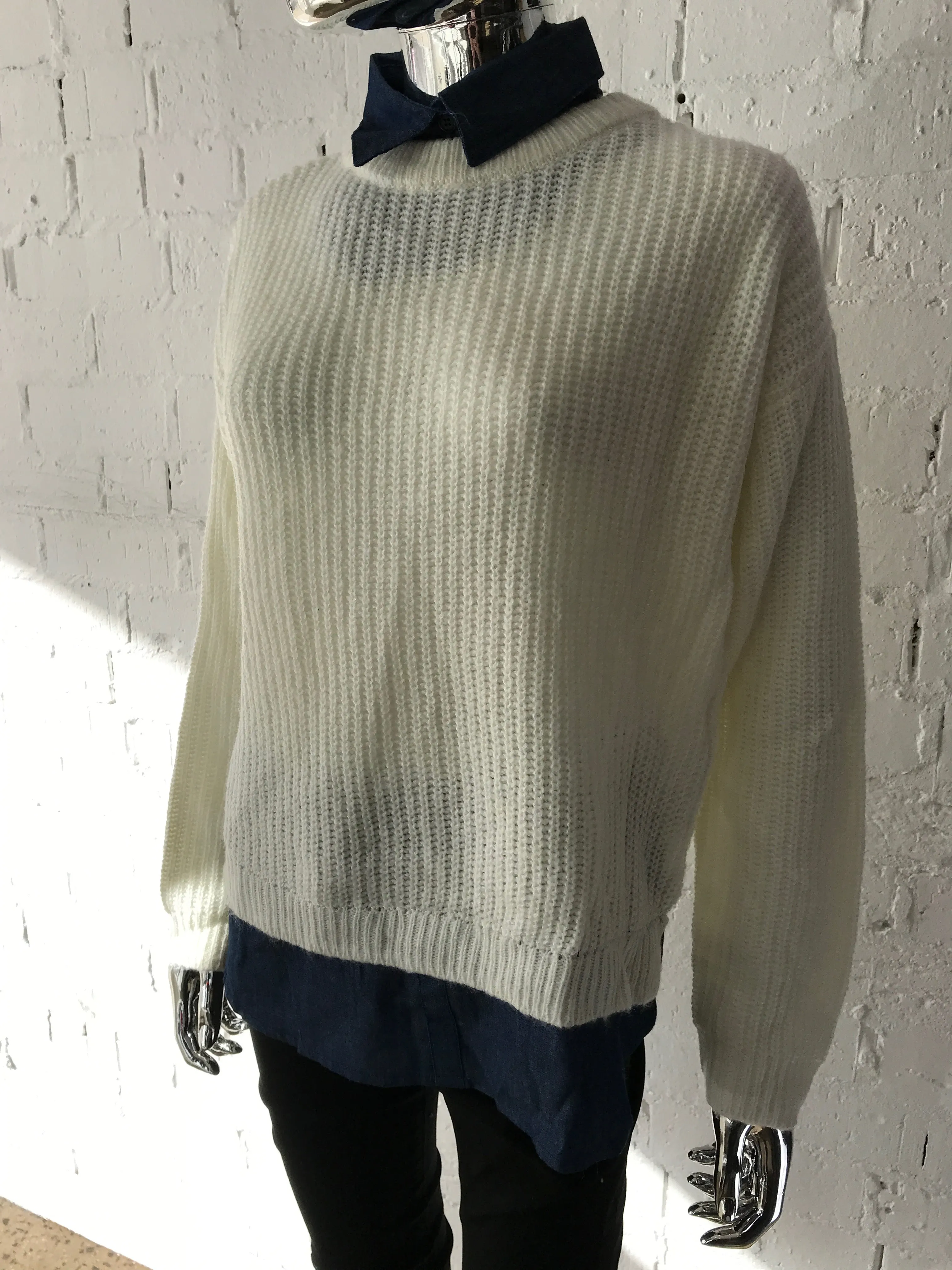 Womens Jumper • Cream Knit with Denim Collar and Hem • M