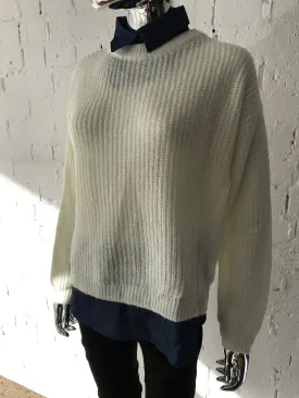 Womens Jumper • Cream Knit with Denim Collar and Hem • M